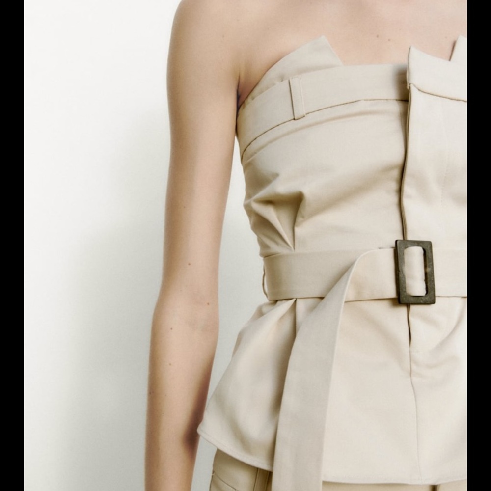 zara beige gabardine belted strapless top size xs/s